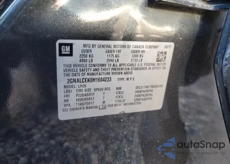 2017 Chevrolet Equinox Lt из США, поврежденный, VIN 2GNALCEK8H1604233